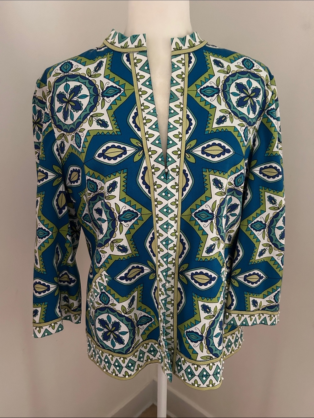 Chico's Teal, White & Lime Green Patterned Cotton Jacket sz 1